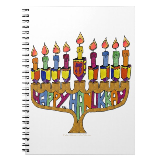 Judaica Happy Hanukkah Dreidel Menorah Spiral Notebook (Front)