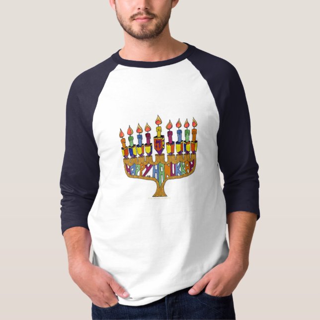 Judaica Happy Hanukkah Dreidel Menorah T-Shirt (Front)