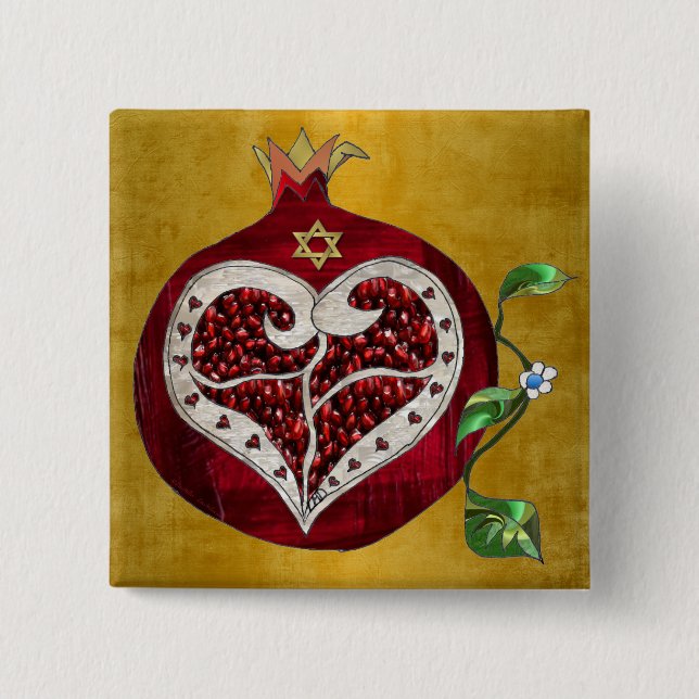 Judaica Pomegranate Heart Hanukkah Rosh Hashanah 15 Cm Square Badge (Front)