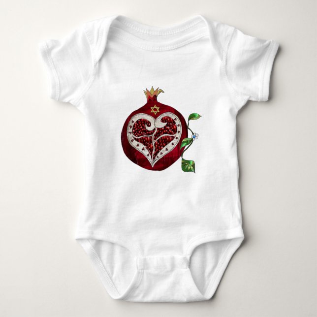 Judaica Pomegranate Heart Hanukkah Rosh Hashanah Baby Bodysuit (Front)
