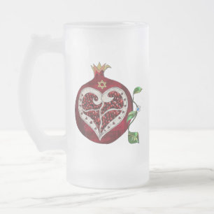 Judaica Pomegranate Heart Hanukkah Rosh Hashanah Frosted Glass Beer Mug