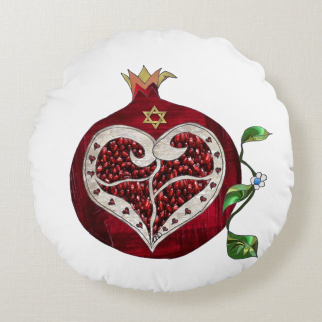 Judaica Pomegranate Heart Hanukkah Rosh Hashanah Round Cushion (Front)