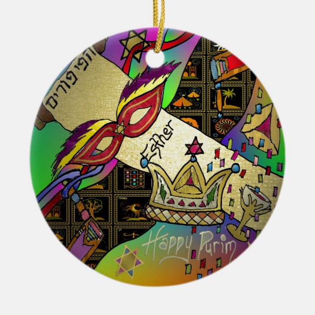 Judaica Purim Esther Celebration Art Print Ceramic Tree Decoration (Front)