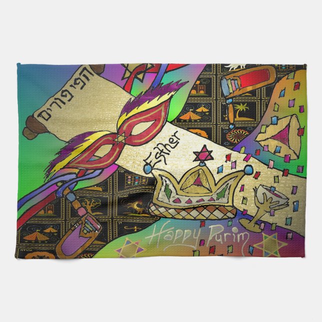 Judaica Purim Esther Celebration Art Print Tea Towel (Horizontal)
