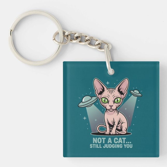 Judging Sphynx Cat UFO Alien Humor Art Key Ring (Front)