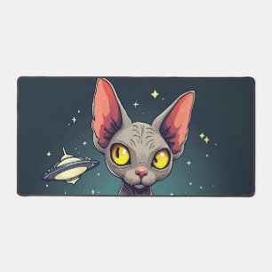 Judging Sphynx Cat UFO Space Cartoon Art Desk Mat