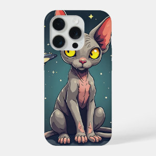 Judging Sphynx Cat UFO Space Cartoon Art iPhone 15 Pro Case