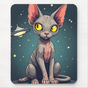 Judging Sphynx Cat UFO Space Cartoon Art Mouse Pad