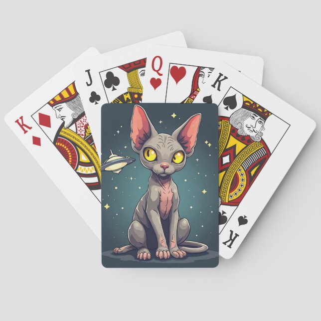 Judging Sphynx Cat UFO Space Cartoon Art Playing Cards (Back)