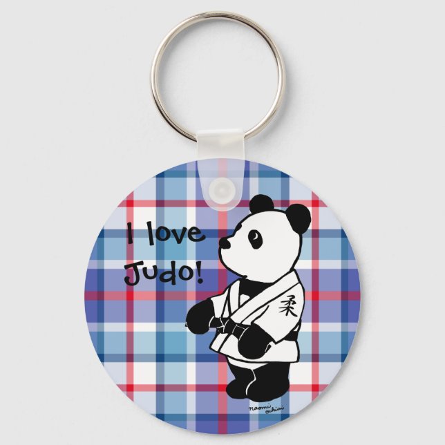 Judo Panda Cartoon with a Black Belt Plaid Key Ring (Front)