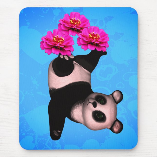 Juggling Panda Bear And Pink Zinnia Flowers Mouse Pad (Front)