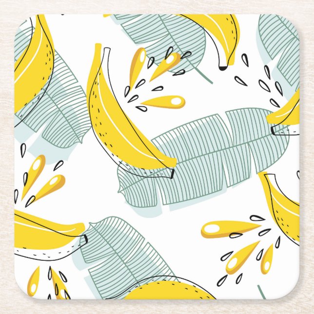 Juicy Bananas Bright Vintage Pattern Square Paper Coaster (Front)