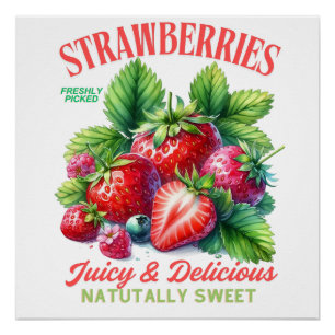 Juicy & Delicious Strawberries Vintage Fruit Art Poster