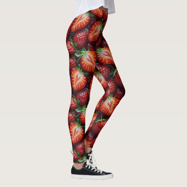 Juicy Fresh Red Strawberries Summer Fruit Pattern Leggings (Right)