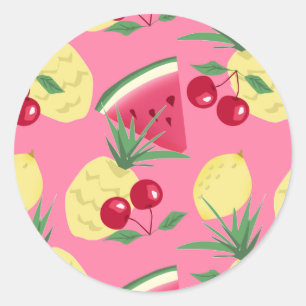 Juicy fruits on a pink-red background. classic round sticker