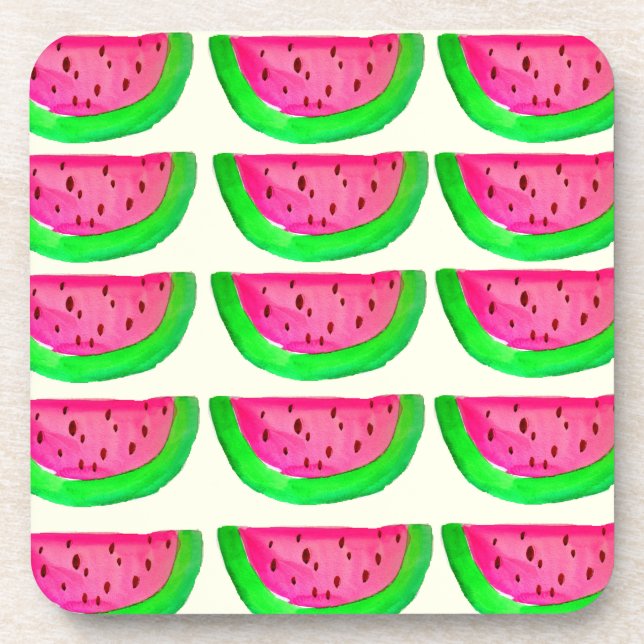 Juicy pink  watermelon fruit pattern on lemon coaster (Front)
