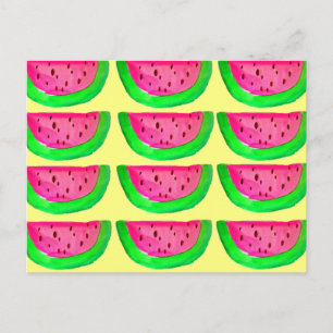 Juicy pink watermelon fruit pattern on lemon postcard