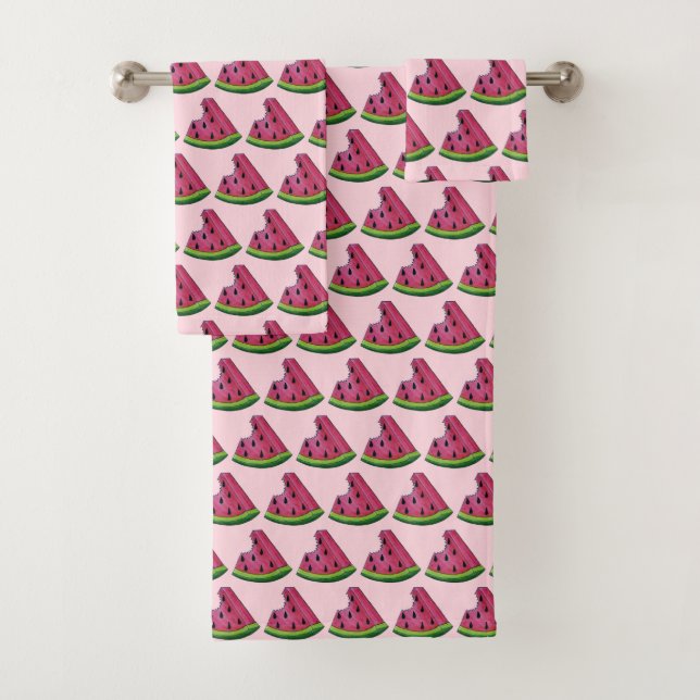 Juicy Pink Watermelon Wedge Slice Green Rind Fruit Bath Towel Set (Insitu)
