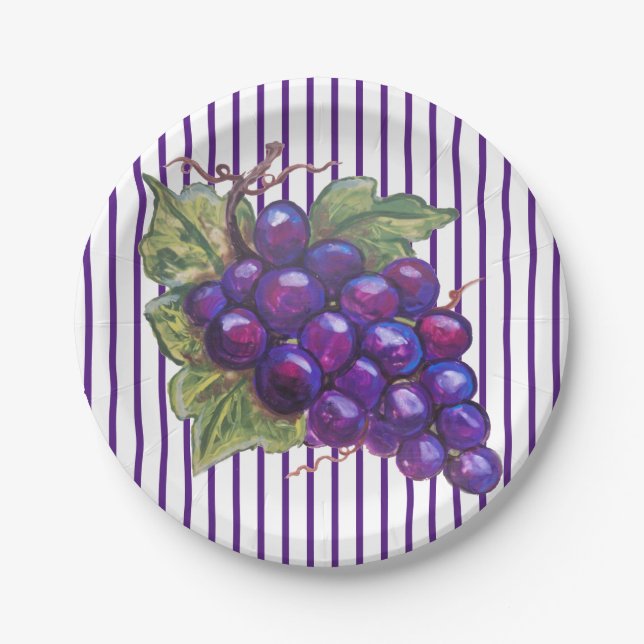 Juicy Purple Grapes Striped Dessert Wine Harvest Paper Plate (Front)