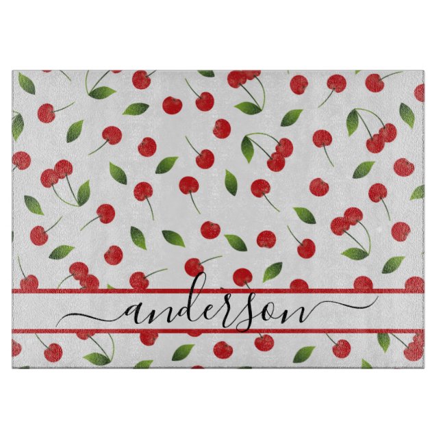 Juicy Red Cherry Pattern | Personalised Cutting Board (Front)