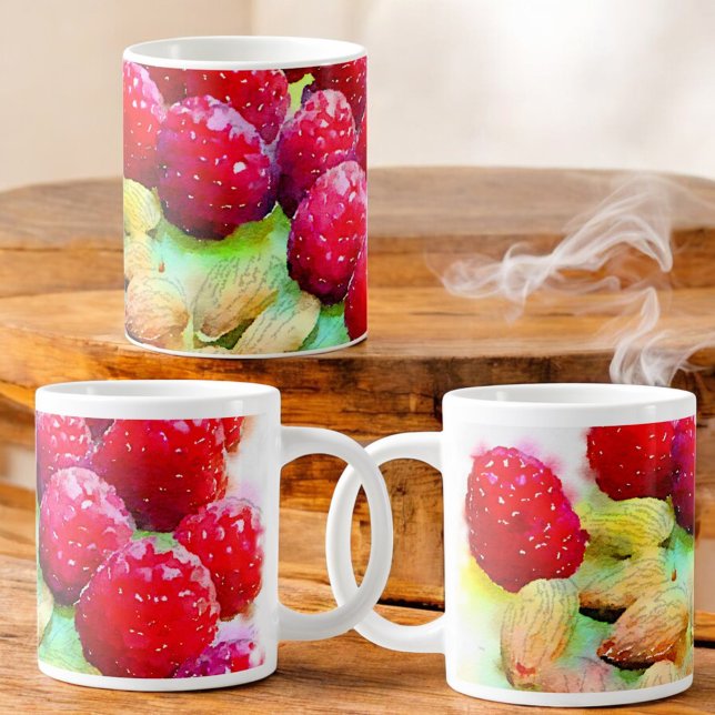 Juicy Red Raspberries and Almonds Watercolor Mug (A view around the entire ceramic mug )