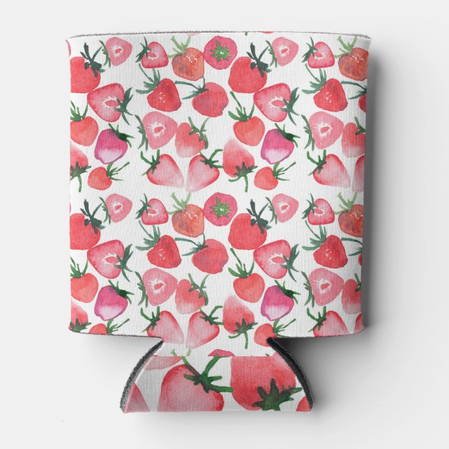 Juicy Red Strawberries Watercolor Pattern Can Cooler (Front)