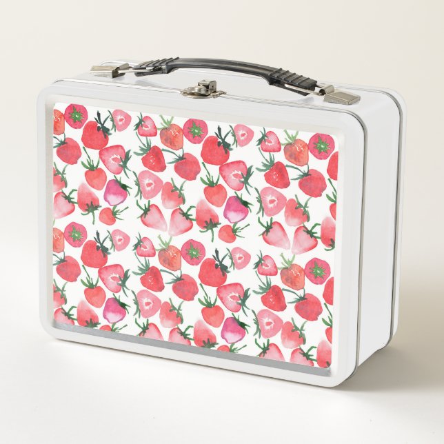 Juicy Red Strawberries Watercolor Pattern Metal Lunch Box (Front)