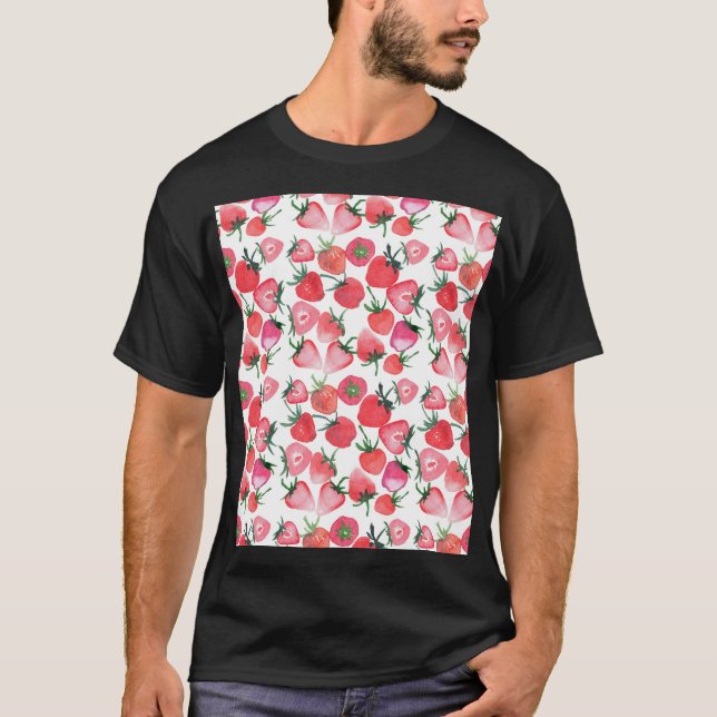 Juicy Red Strawberries Watercolor Pattern T-Shirt (Front)