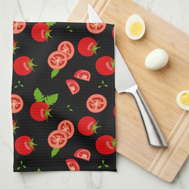 Juicy Red Tomato Pattern on Black Tea Towel (Quarter Fold)
