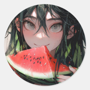 Juicy Summer Watermelon Anime Girl Classic Round Sticker