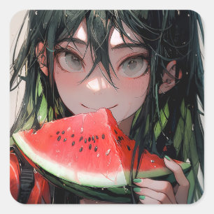 Juicy Summer Watermelon Anime Girl Square Sticker