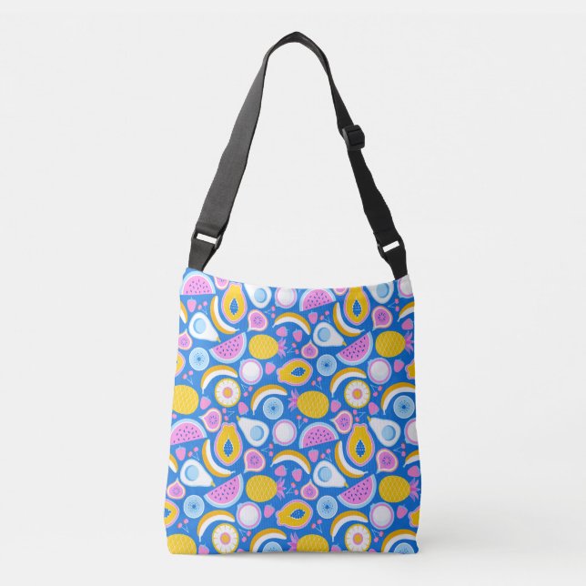 Juicy tropical fruits - Blue background Crossbody Bag (Front)