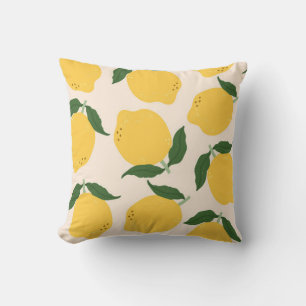 Juicy yellow Lemons, green leaves. Fresh tasty fru Cushion