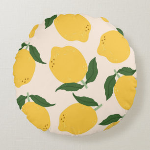 Juicy yellow Lemons, green leaves. Fresh tasty fru Round Cushion