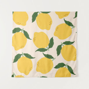 Juicy yellow Lemons, green leaves. Fresh tasty fru Tapestry