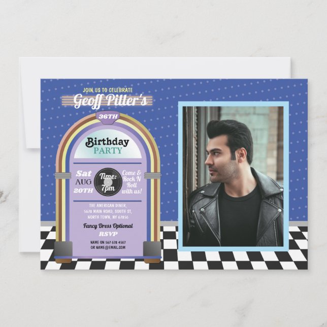 Jukebox Birthday Diner 1950's Blue Music Photo Invitation (Front)