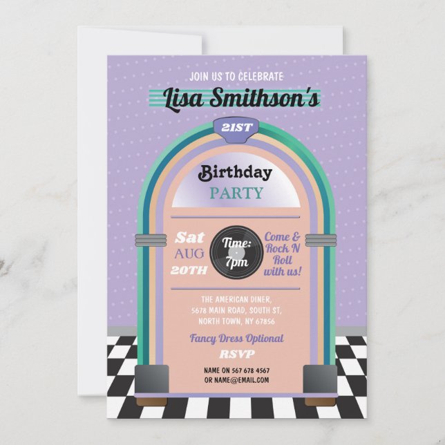 Jukebox Birthday Music Diner Fifties Retro Invite (Front)