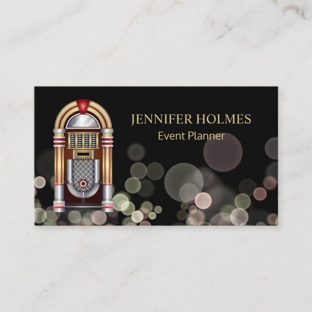 Jukebox Bokeh Light Event Planner Black Business Card (Front)