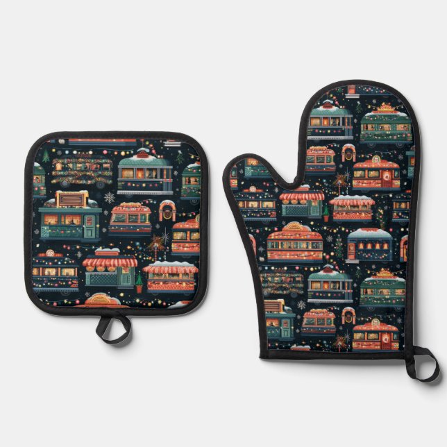 Jukebox Christmas Baking Night Oven Mitt & Pot Holder Set (Front)