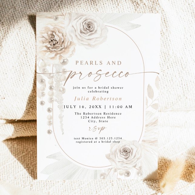 JULIA Boho Floral Pearls & Prosecco Bridal Shower Invitation (Creator Uploaded)