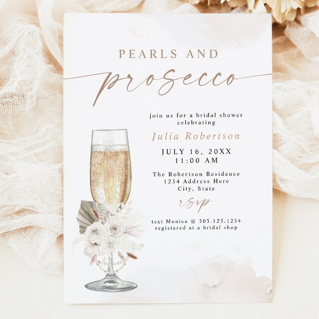 JULIA Boho Floral Pearls & Prosecco Bridal Shower Invitation (Creator Uploaded)