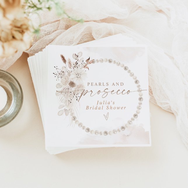 JULIA Boho Floral Pearls & Prosecco Bridal Shower Napkin (Creator Uploaded)