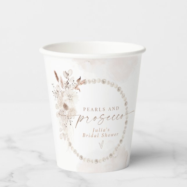 JULIA Boho Floral Pearls & Prosecco Bridal Shower Paper Cups (Front)