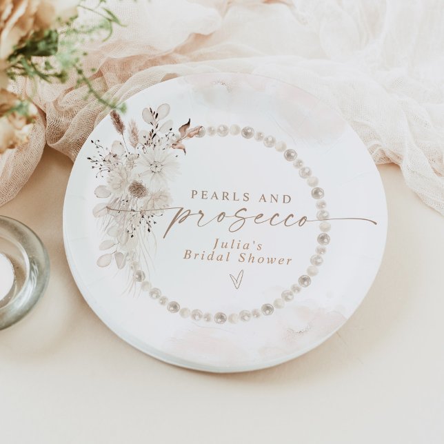 JULIA Boho Floral Pearls & Prosecco Bridal Shower Paper Plate (Creator Uploaded)