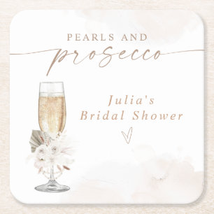 JULIA Boho Floral Pearls & Prosecco Bridal Shower Square Paper Coaster