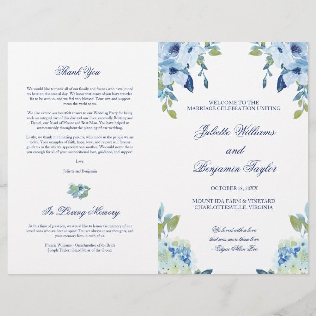 Juliette Blue Floral Wedding Ceremony Program (Front)