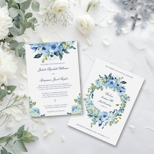 Juliette Dusty Blue Floral Catholic Wedding Invitation (Dusty blue, floral Catholic wedding invitation with Bible verse on back for an elegant vintage look)