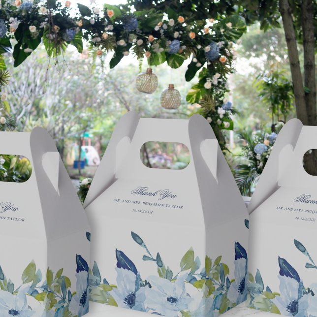 Juliette Dusty Blue Floral Wedding Gable Favour Bo Favour Box (These pretty favor boxes feature dusty blue watercolor flowers & an elegant calligraphy script font)