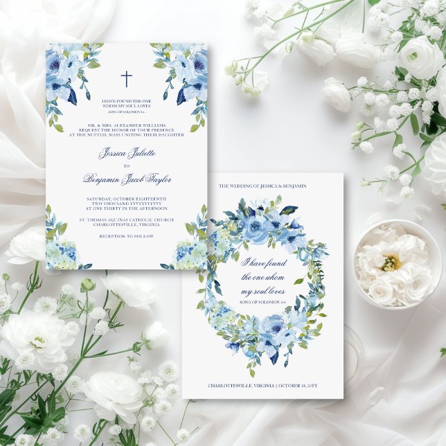 Juliette Floral Dusty Blue Catholic Wedding Invitation (This dusty blue, floral Catholic wedding invitation features a Bible verse on the reverse)