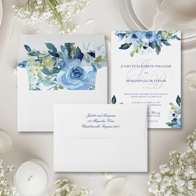 Juliette Floral Dusty Blue Wedding Invitation Envelope (This wedding invitation envelope features dusty blue watercolor flowers and calligraphy script)